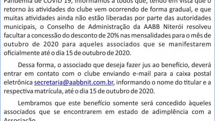 Carta aos Associados – OUTUBRO 20
