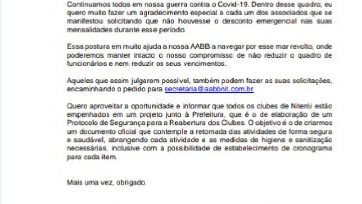 Palavra do Presidente – Covid 19 – Maio/20