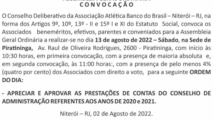 CONVOCAÇÃO – ASSEMBLEIA GERAL ORDINÁRIA